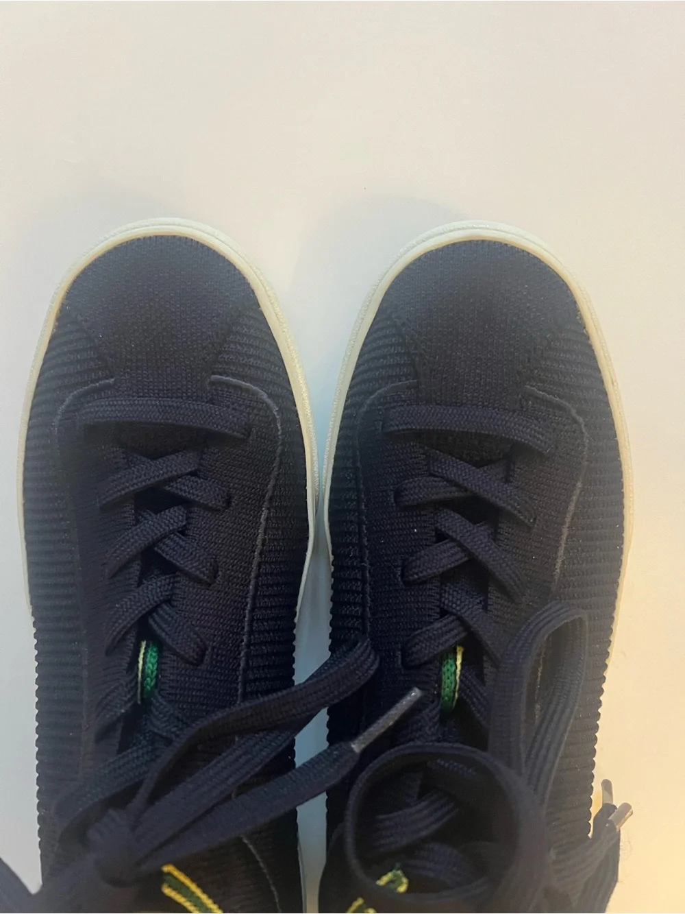 Rothy’s The Lace Up Knit Comfort Casual Sneaker in Navy& Lime Green Trim - Picture 3 of 12